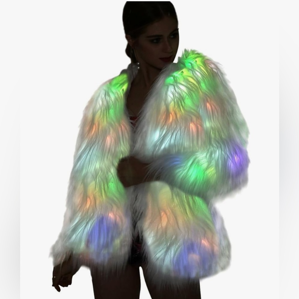 LED white faux fur jacket has rainbow lights. Great for Burning man or festival.